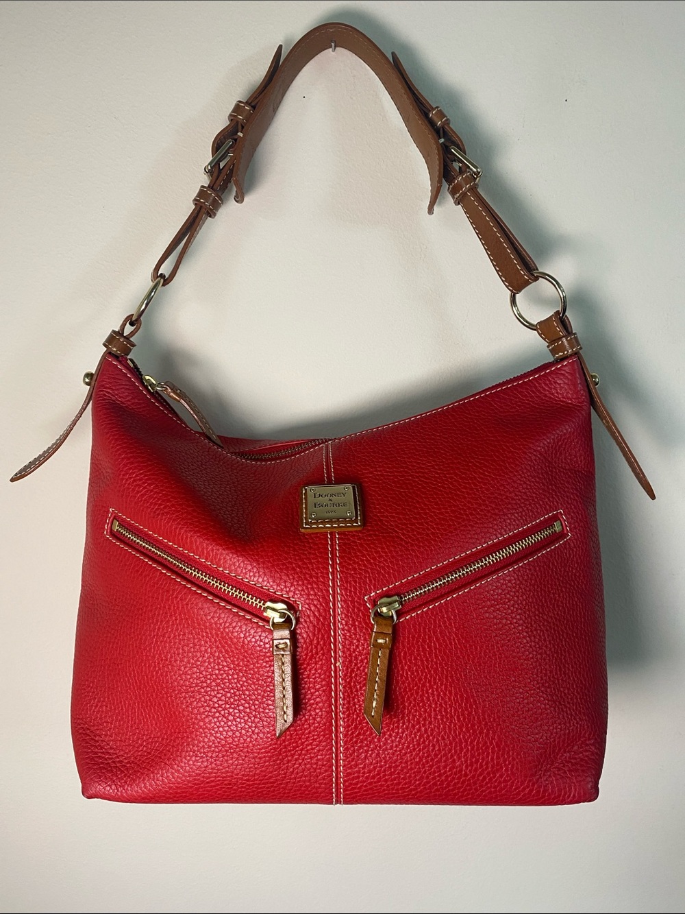 Dooney & Bourke Red Pebbled Mary Leather Shoulder Bag with Tan Strap